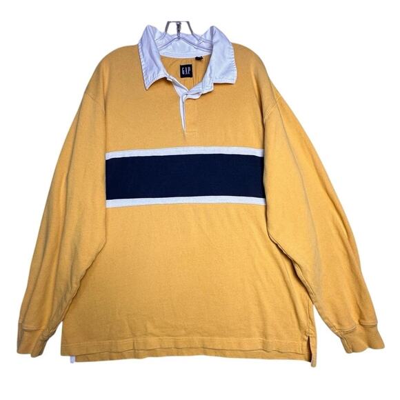 Vtg Y2K Rugby Shirt Mens XXL Yellow Navy Stripe Preppy Cotton Classic Pullover - Picture 2 of 16